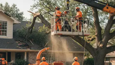 Emergency tree service crew removing storm-damaged tree in Staten Island, NY