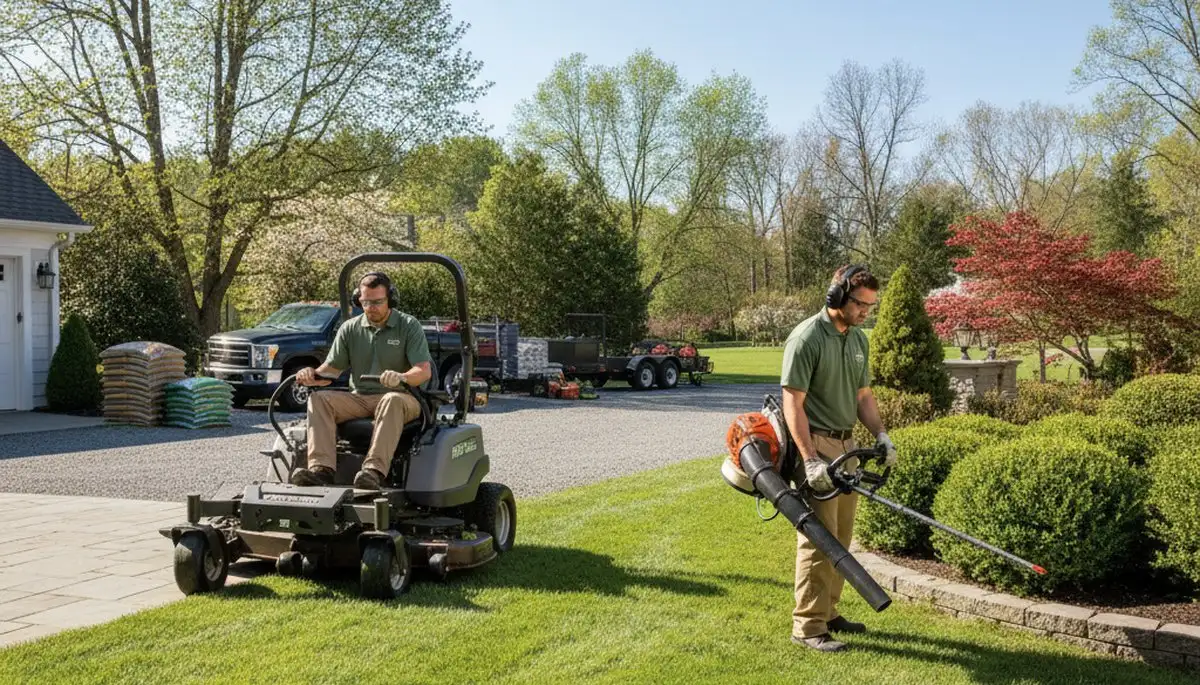Staten Island, NY tree service crew providing lawn care and seasonal maintenance for a local property