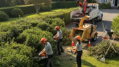Arbor Tree Care crew removing overgrown shrubs in Staten Island, NY
