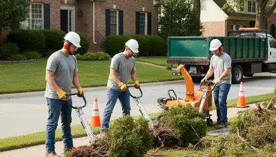 Shrub removal crew clearing overgrown bushes in Staten Island, NY for a residential property