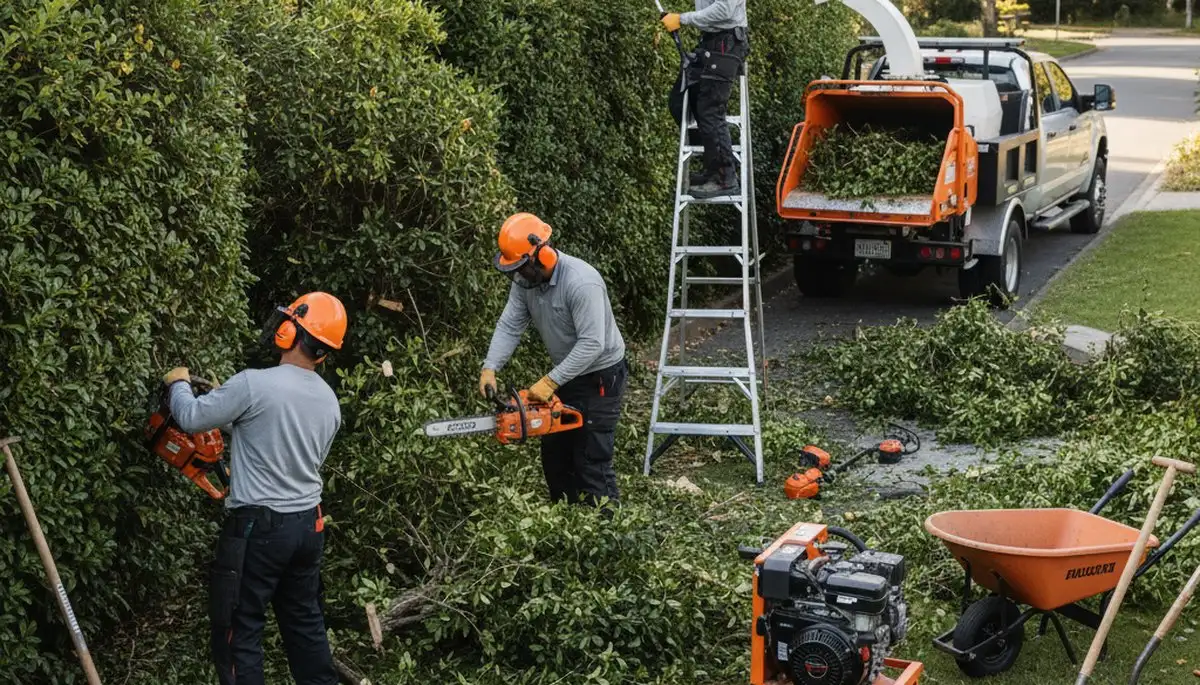 Shrub removal crew clearing overgrown shrubs in Staten Island, NY for a residential property