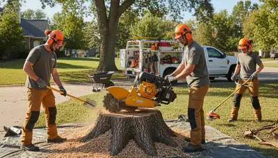 Stump removal crew in Staten Island, NY clearing a tree stump from a residential yard