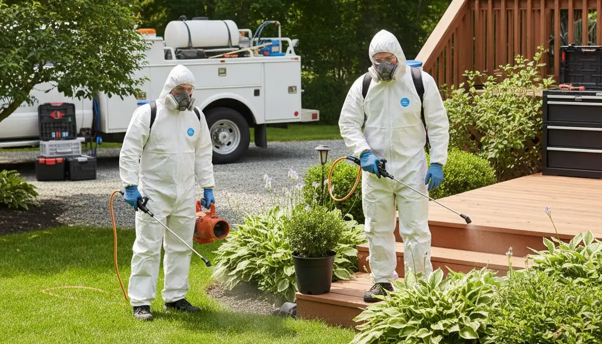 Tick control service technician treating a Staten Island, NY property for safer outdoor spaces