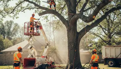 Staten Island, NY tree removal crew safely cuts down a hazardous tree on a residential property