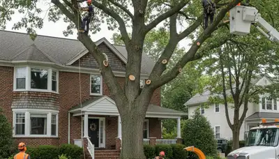Tree service crew trimming a tree in Staten Island, NY for safe, professional property maintenance
