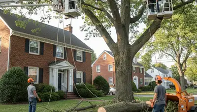 Professional tree service crew in Staten Island, NY trimming trees for a residential property