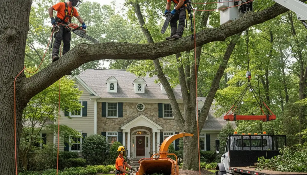 Tree service crew trimming trees in Staten Island, NY for safe, professional property care