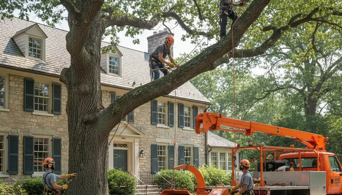 Tree service crew trimming trees in Staten Island, NY for safe, professional property maintenance